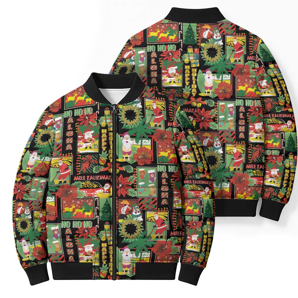 Hawaiian Santa Christmas Pattern Bomber Puffer Jacket Black Version - Polynesian Pride