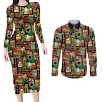Hawaiian Santa Christmas Pattern Couples Matching Long Sleeve Bodycon Dress and Long Sleeve Button Shirt Black Version - Polynesian Pride