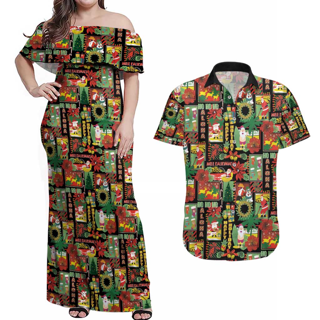 Hawaiian Santa Christmas Pattern Couples Matching Off Shoulder Maxi Dress and Hawaiian Shirt Black Version - Polynesian Pride