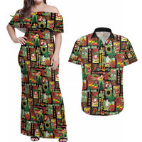 Hawaiian Santa Christmas Pattern Couples Matching Off Shoulder Maxi Dress and Hawaiian Shirt Black Version - Polynesian Pride
