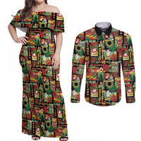 Hawaiian Santa Christmas Pattern Couples Matching Off Shoulder Maxi Dress and Long Sleeve Button Shirt Black Version - Polynesian Pride