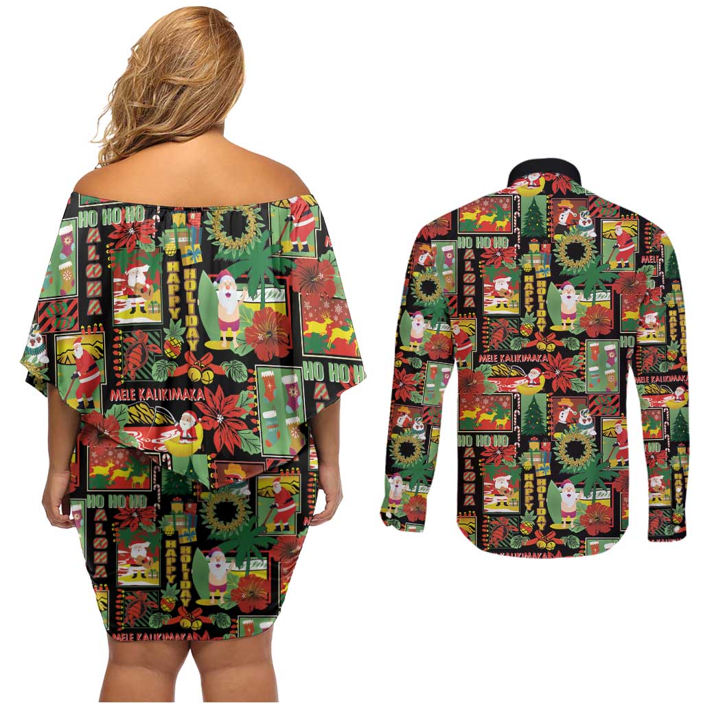 Hawaiian Santa Christmas Pattern Couples Matching Off Shoulder Short Dress and Long Sleeve Button Shirt Black Version - Polynesian Pride