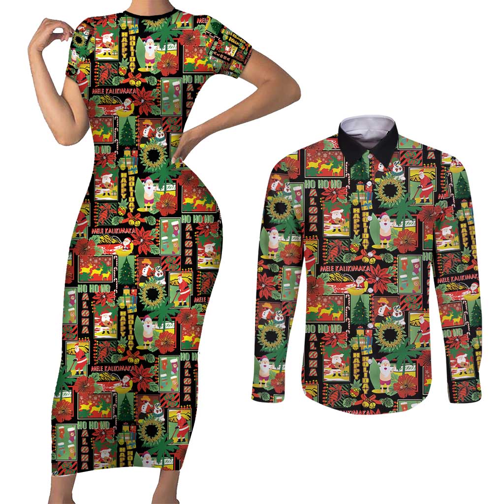 Hawaiian Santa Christmas Pattern Couples Matching Short Sleeve Bodycon Dress and Long Sleeve Button Shirt Black Version - Polynesian Pride