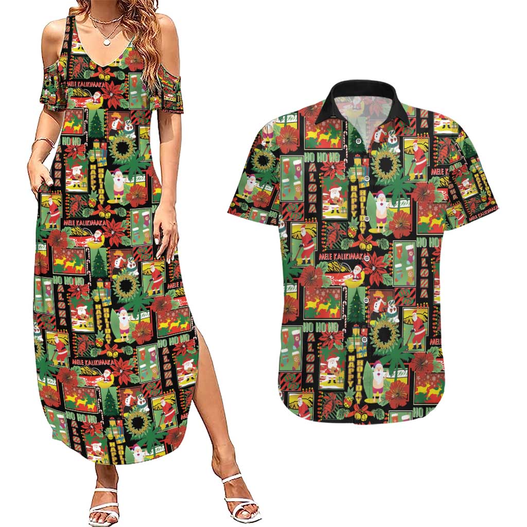 Hawaiian Santa Christmas Pattern Couples Matching Summer Maxi Dress and Hawaiian Shirt Black Version - Polynesian Pride