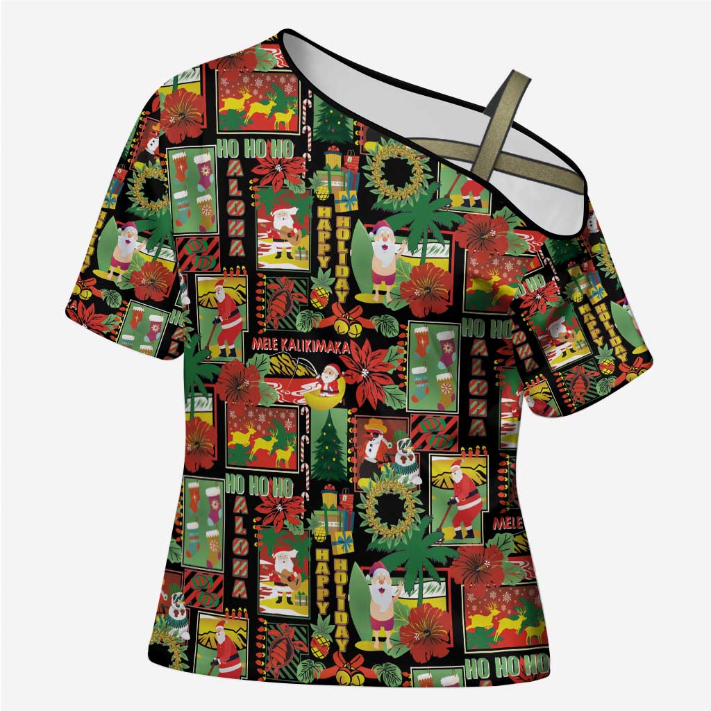 Hawaiian Santa Christmas Pattern Cross Shoulder Shirt Black Version - Polynesian Pride