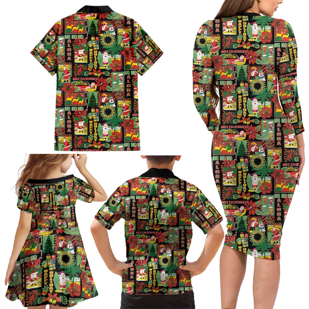Hawaiian Santa Christmas Pattern Family Matching Long Sleeve Bodycon Dress and Hawaiian Shirt Black Version - Polynesian Pride