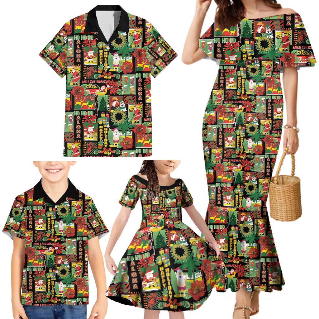 Hawaiian Santa Christmas Pattern Family Matching Mermaid Dress and Hawaiian Shirt Black Version - Polynesian Pride