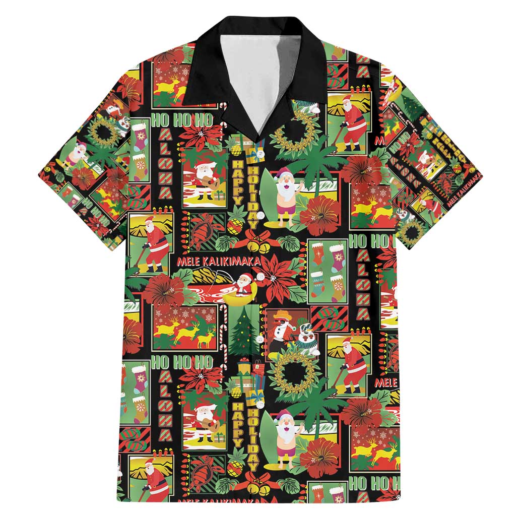 Hawaiian Santa Christmas Pattern Family Matching Mermaid Dress and Hawaiian Shirt Black Version - Polynesian Pride