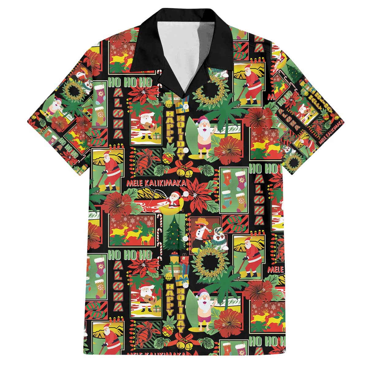 Hawaiian Santa Christmas Pattern Family Matching Off The Shoulder Long Sleeve Dress and Hawaiian Shirt Black Version - Polynesian Pride
