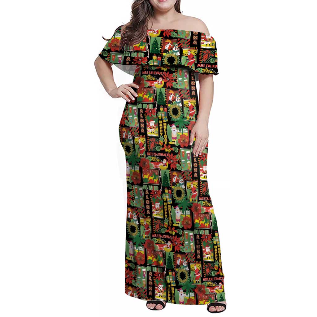 Hawaiian Santa Christmas Pattern Family Matching Off Shoulder Maxi Dress and Hawaiian Shirt Black Version - Polynesian Pride