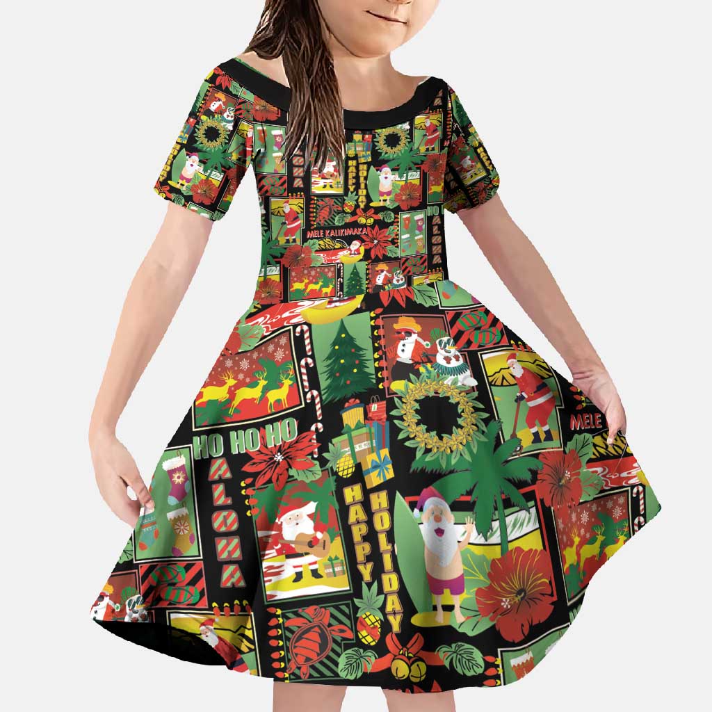 Hawaiian Santa Christmas Pattern Family Matching Short Sleeve Bodycon Dress and Hawaiian Shirt Black Version - Polynesian Pride