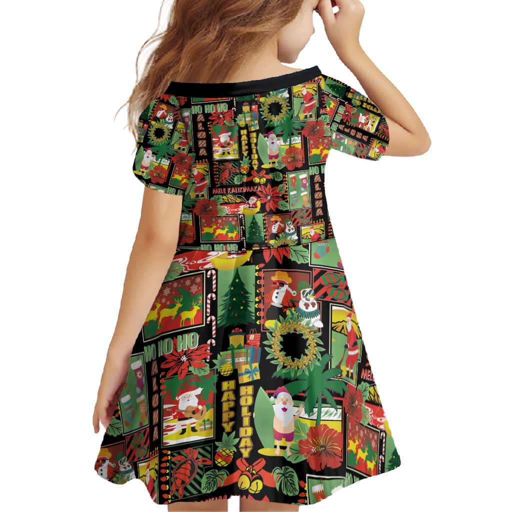 Hawaiian Santa Christmas Pattern Family Matching Short Sleeve Bodycon Dress and Hawaiian Shirt Black Version - Polynesian Pride
