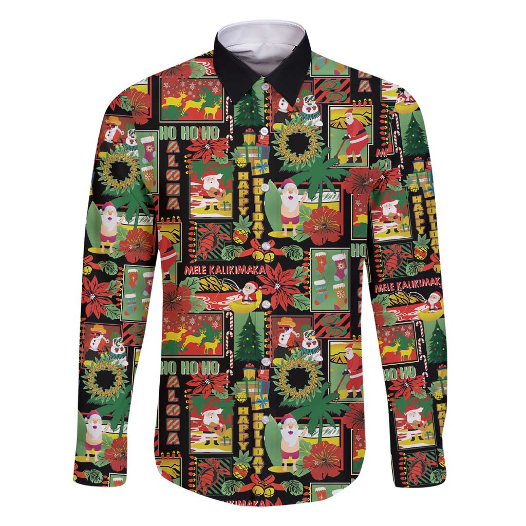 Hawaiian Santa Christmas Pattern Family Matching Short Sleeve Bodycon Dress and Hawaiian Shirt Black Version - Polynesian Pride