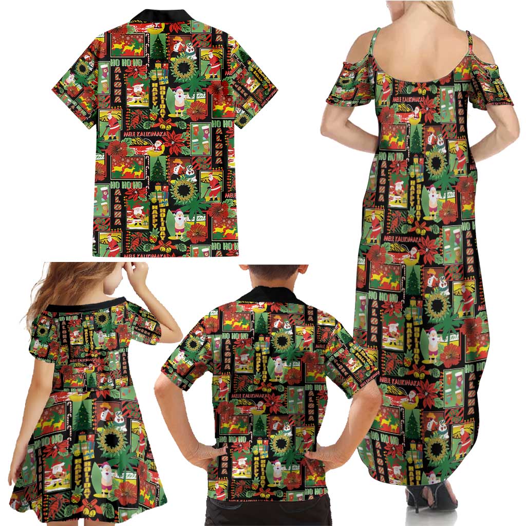 Hawaiian Santa Christmas Pattern Family Matching Summer Maxi Dress and Hawaiian Shirt Black Version - Polynesian Pride