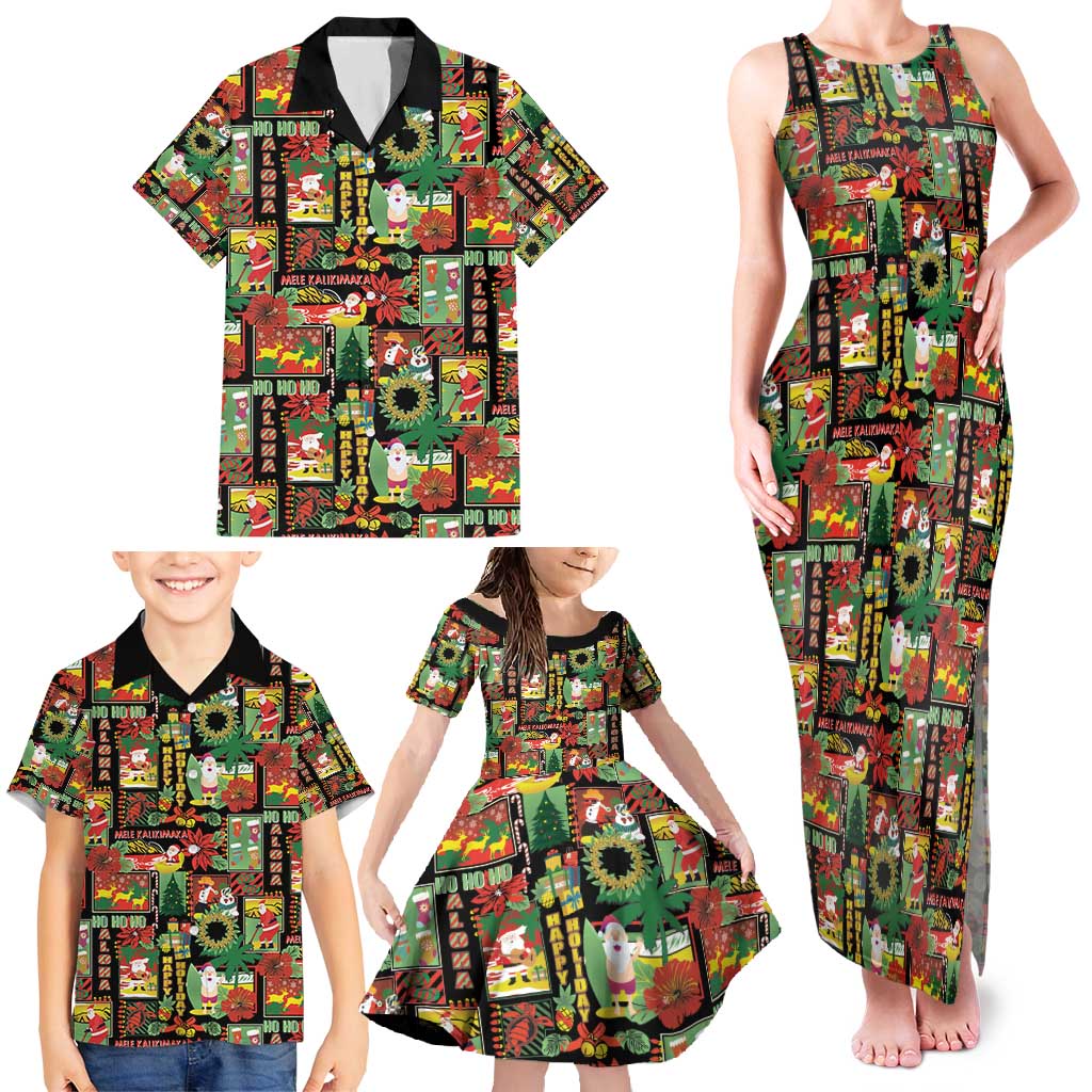 Hawaiian Santa Christmas Pattern Family Matching Tank Maxi Dress and Hawaiian Shirt Black Version - Polynesian Pride