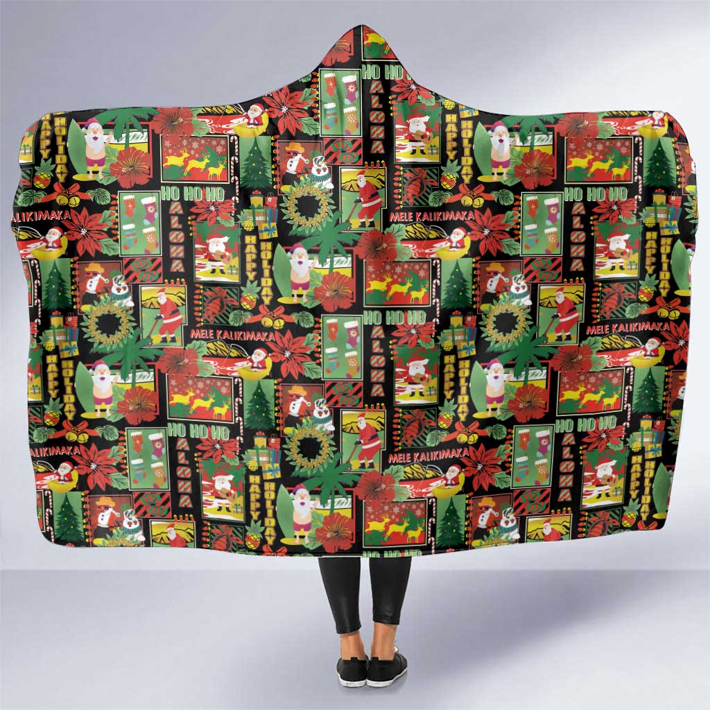 Hawaiian Santa Christmas Pattern Hooded Blanket Black Version - Polynesian Pride