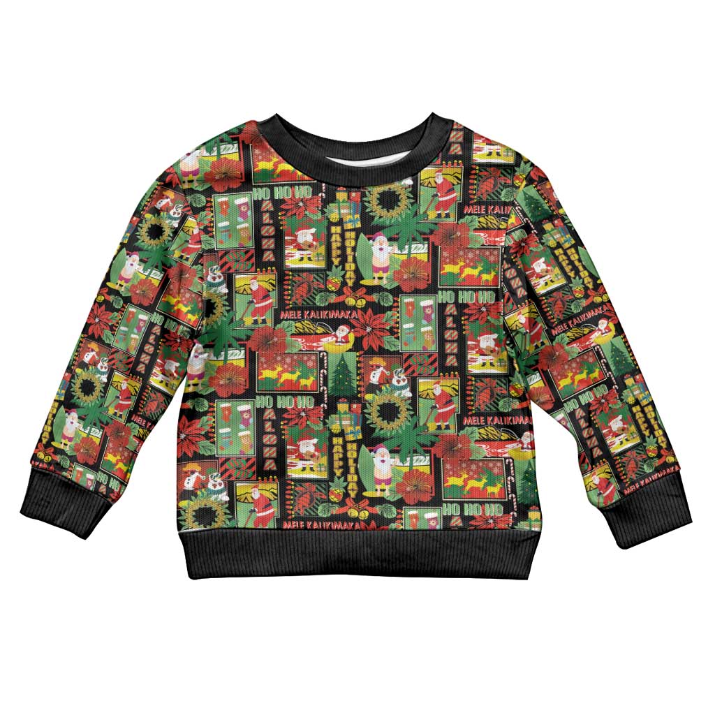 Hawaiian Santa Christmas Pattern Kid Ugly Christmas Sweater Black Version - Polynesian Pride