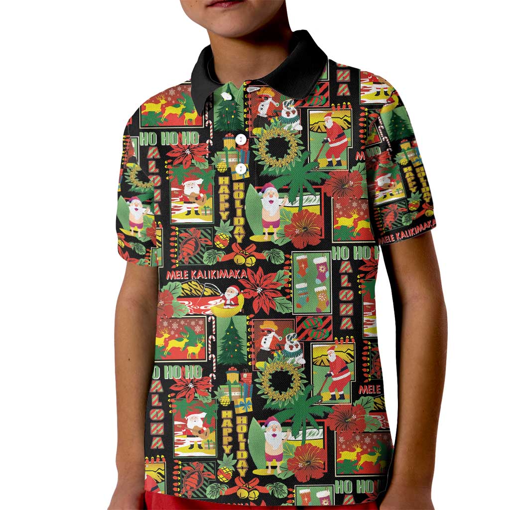 Hawaiian Santa Christmas Pattern Kid Polo Shirt Black Version - Polynesian Pride