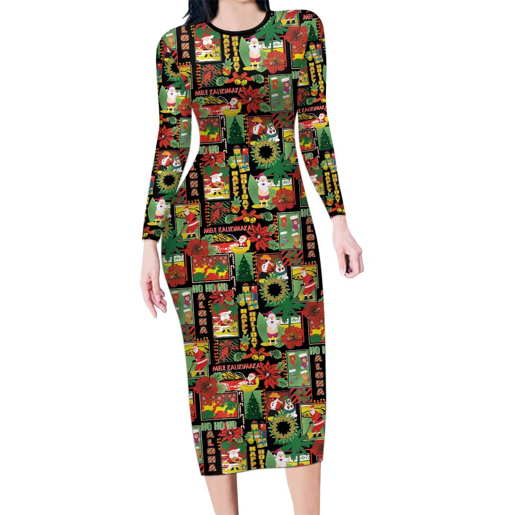 Hawaiian Santa Christmas Pattern Long Sleeve Bodycon Dress Black Version - Polynesian Pride