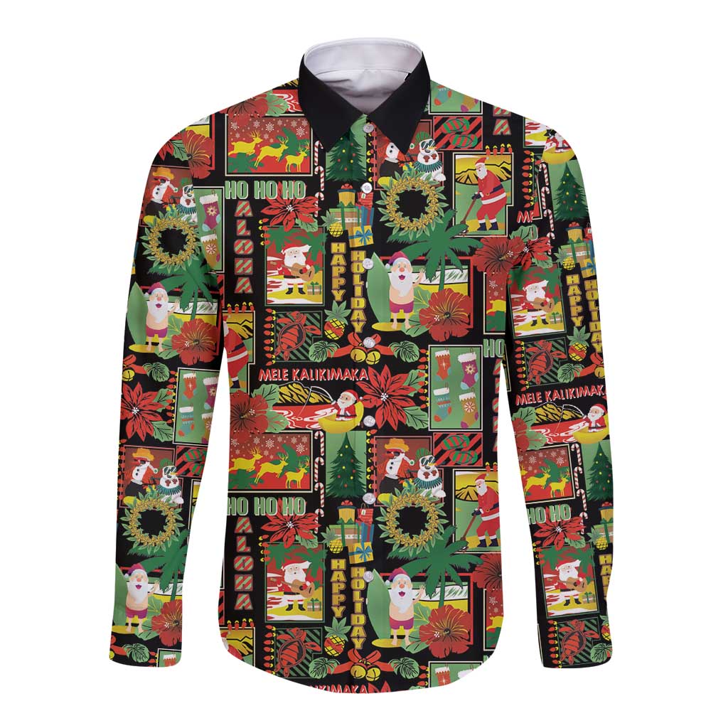 Hawaiian Santa Christmas Pattern Long Sleeve Button Shirt Black Version - Polynesian Pride