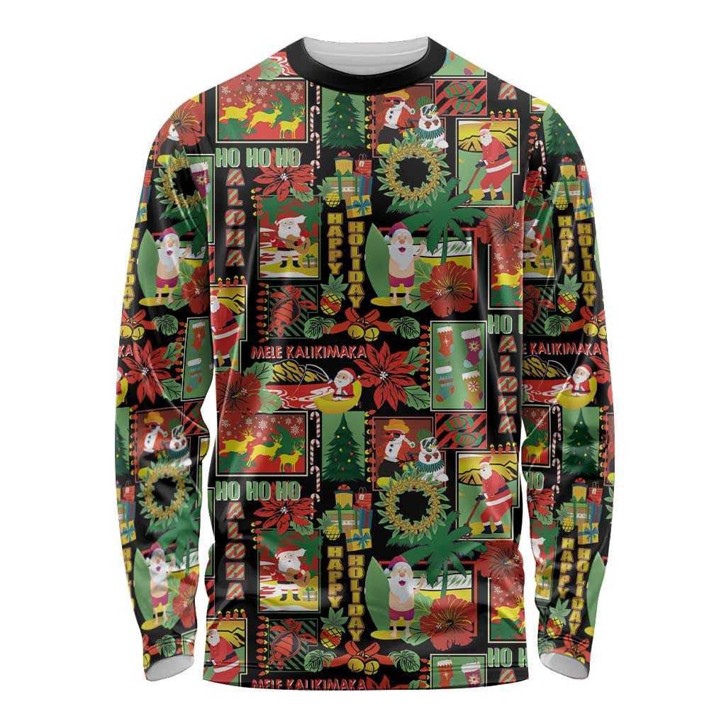 Hawaiian Santa Christmas Pattern Long Sleeve Shirt Black Version - Polynesian Pride