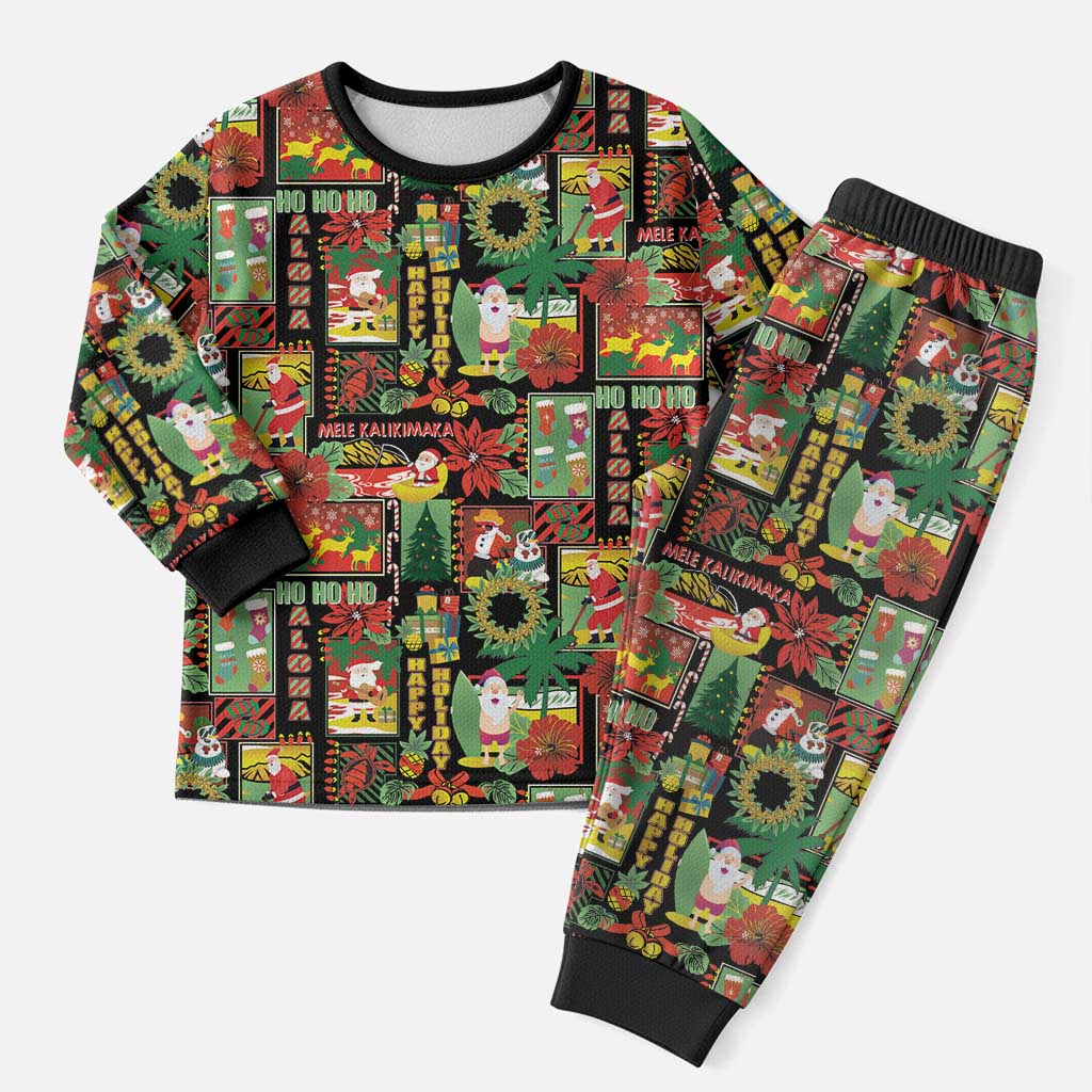 Hawaiian Santa Christmas Pattern Christmas Pajama Set Black Version - Polynesian Pride