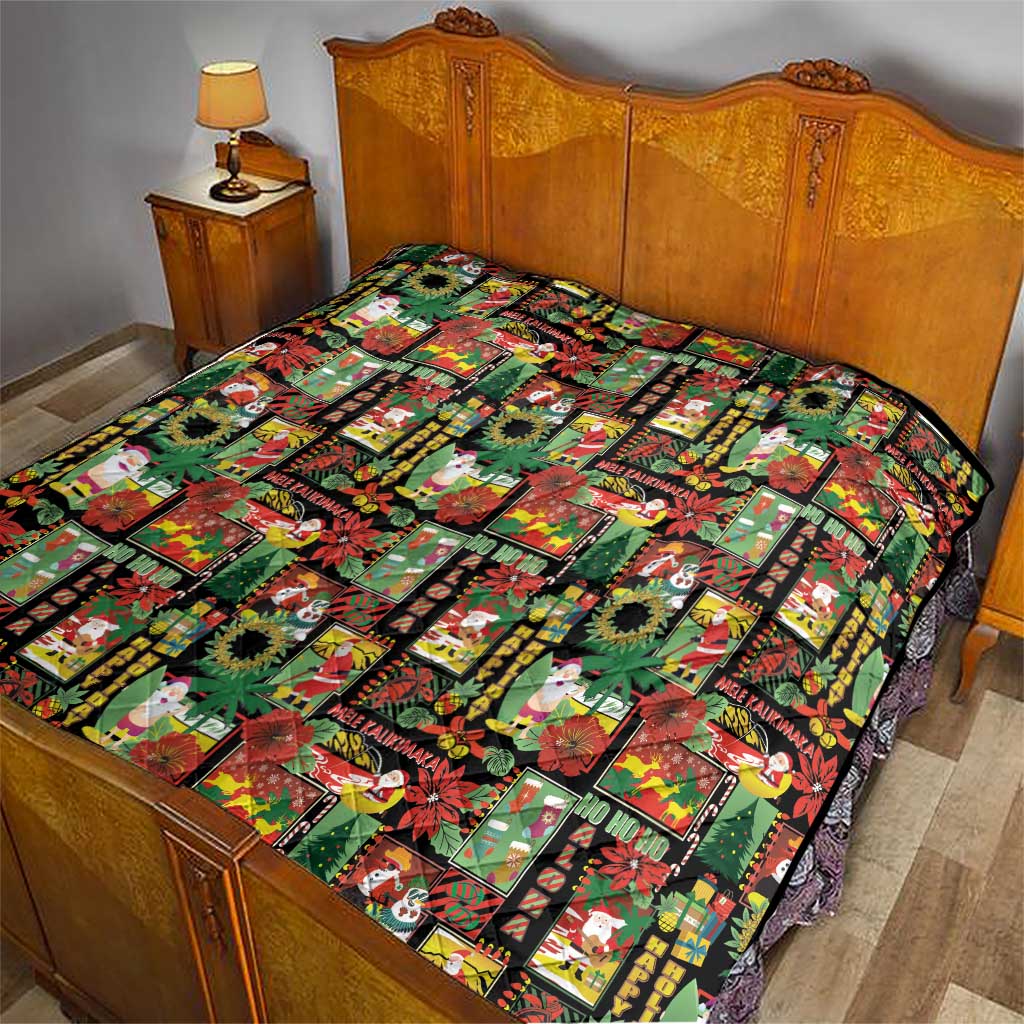 Hawaiian Santa Christmas Pattern Quilt Black Version - Polynesian Pride