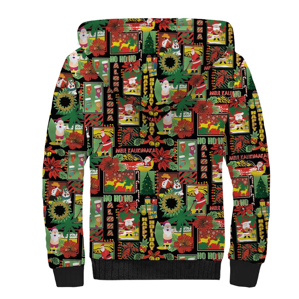 Hawaiian Santa Christmas Pattern Sherpa Hoodie Black Version - Polynesian Pride