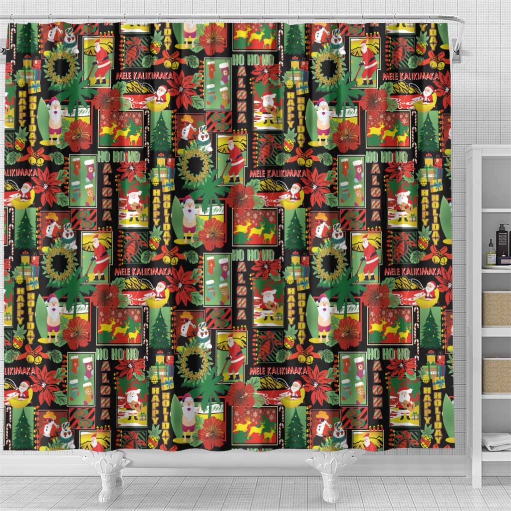 Hawaiian Santa Christmas Pattern Shower Curtain Black Version - Polynesian Pride