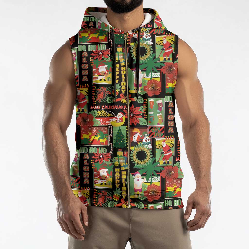 Hawaiian Santa Christmas Pattern Sleeveless Zip Hoodie Black Version - Polynesian Pride