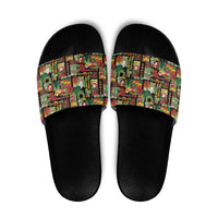 Hawaiian Santa Christmas Pattern Slide Sandals Black Version - Polynesian Pride