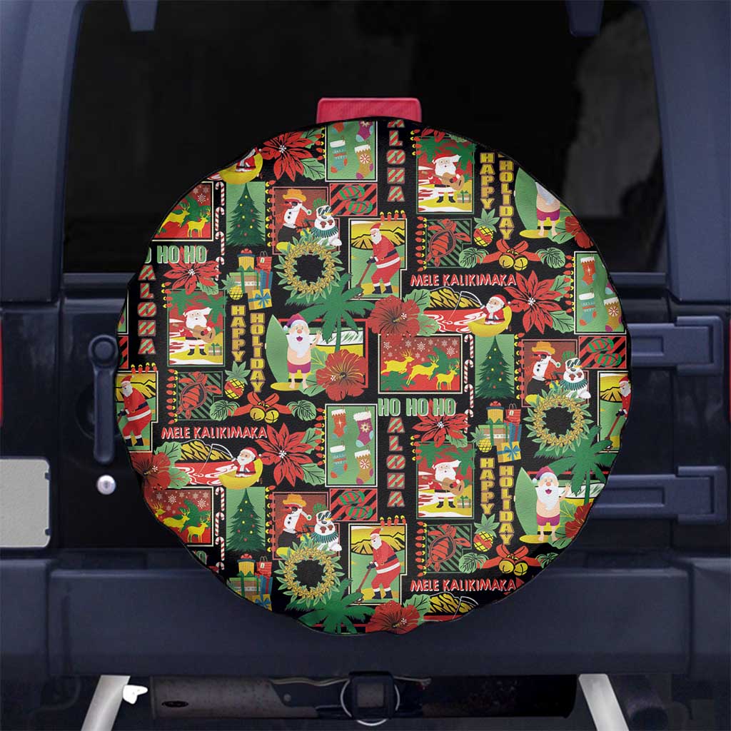 Hawaiian Santa Christmas Pattern Spare Tire Cover Black Version - Polynesian Pride