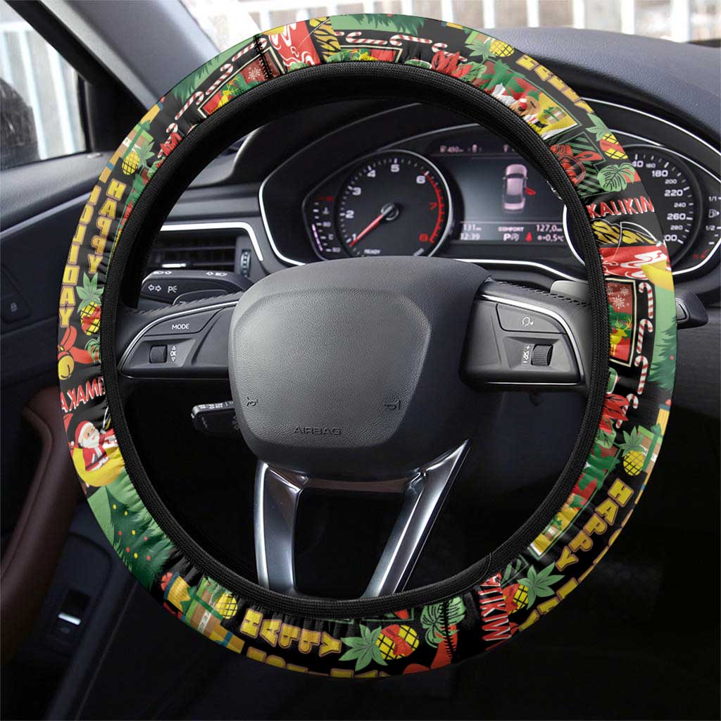 Hawaiian Santa Christmas Pattern Steering Wheel Cover Black Version - Polynesian Pride