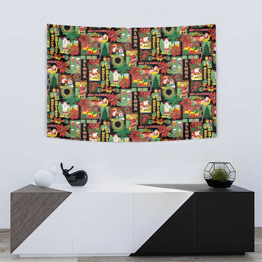 Hawaiian Santa Christmas Pattern Tapestry Black Version - Polynesian Pride
