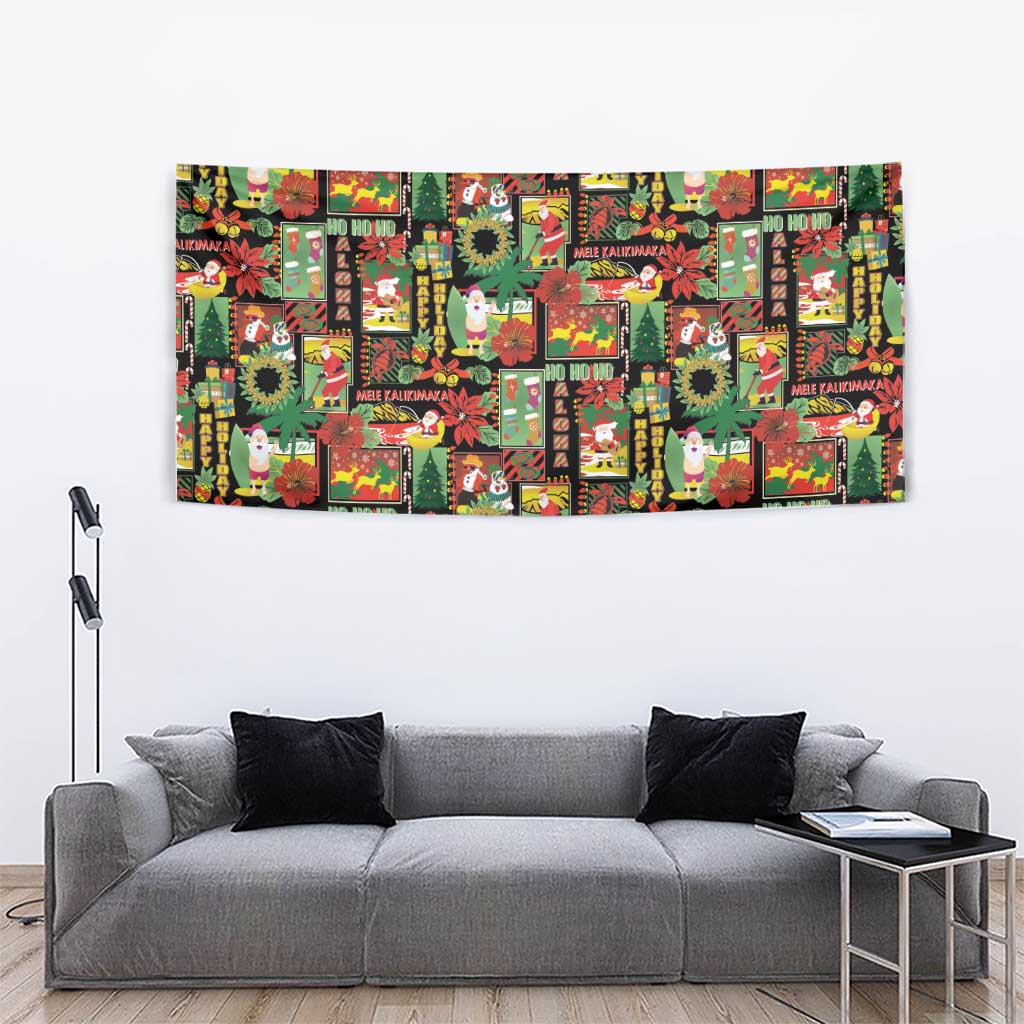 Hawaiian Santa Christmas Pattern Tapestry Black Version - Polynesian Pride