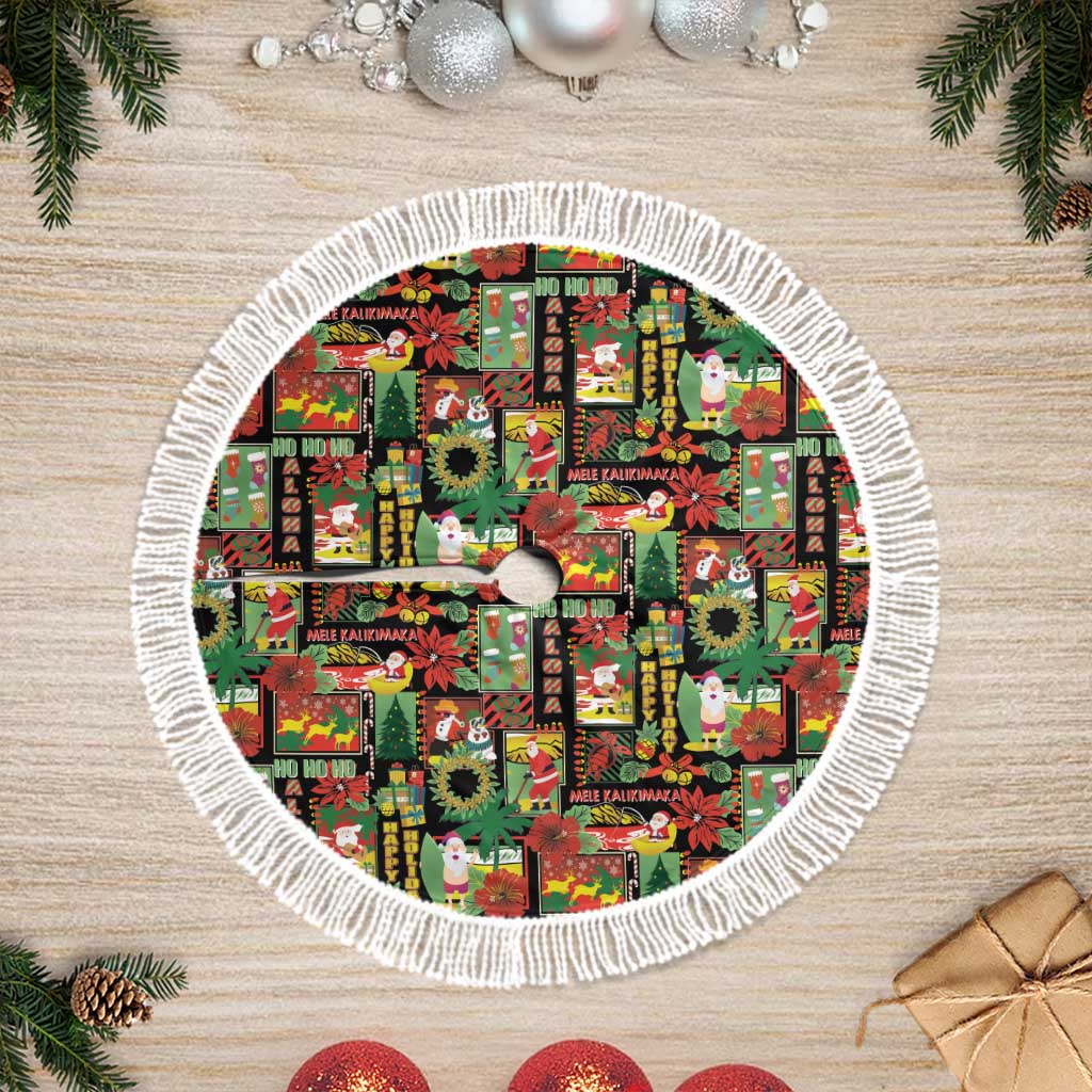 Hawaiian Santa Christmas Pattern Tree Skirt Black Version - Polynesian Pride