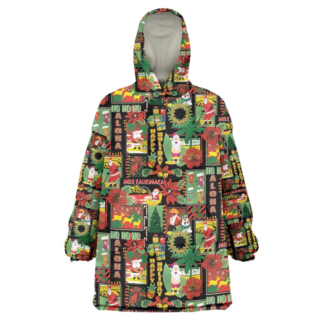Hawaiian Santa Christmas Pattern Wearable Blanket Hoodie Black Version - Polynesian Pride