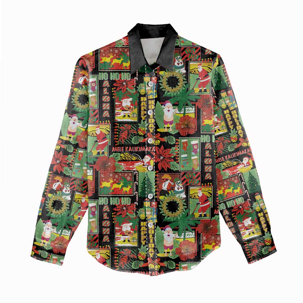 Hawaiian Santa Christmas Pattern Women Casual Shirt Black Version - Polynesian Pride