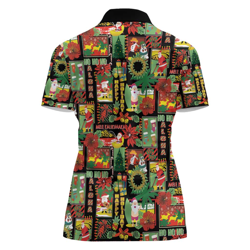 Hawaiian Santa Christmas Pattern Women Polo Shirt Black Version - Polynesian Pride