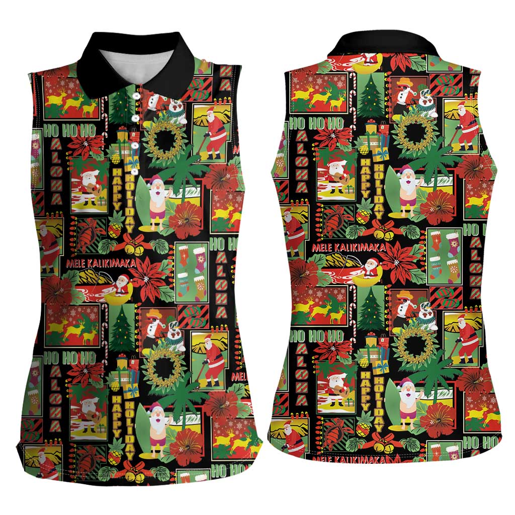 Hawaiian Santa Christmas Pattern Women Sleeveless Polo Shirt Black Version - Polynesian Pride