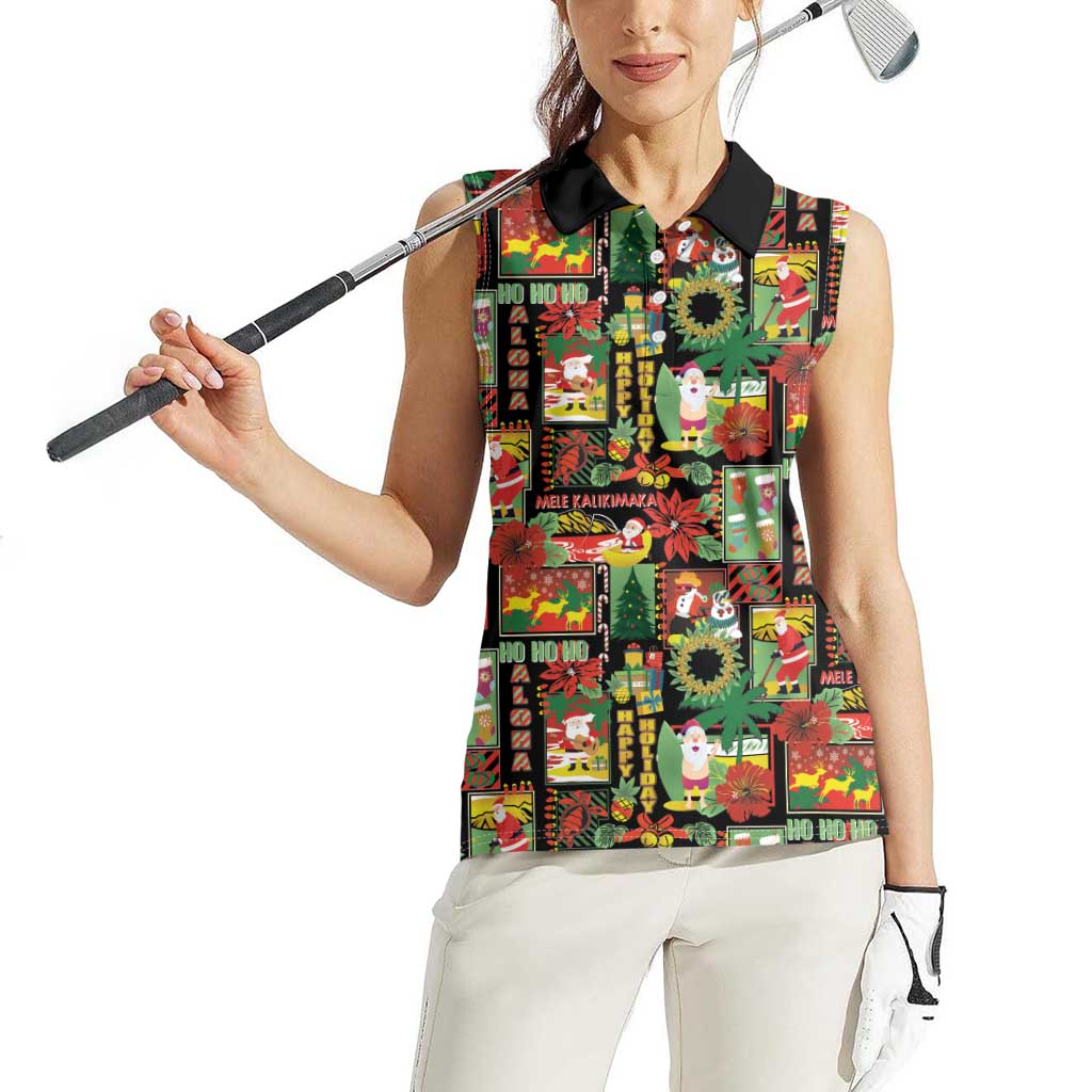 Hawaiian Santa Christmas Pattern Women Sleeveless Polo Shirt Black Version - Polynesian Pride