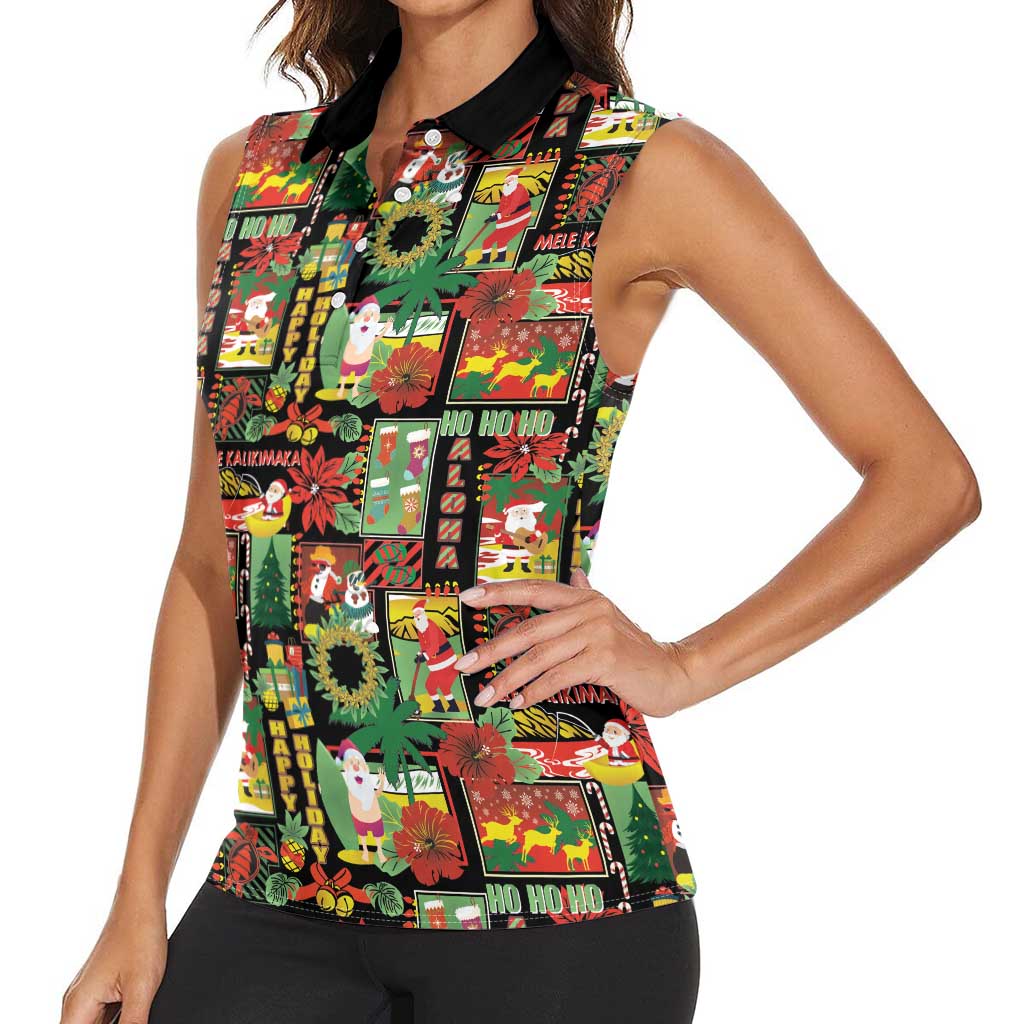 Hawaiian Santa Christmas Pattern Women Sleeveless Polo Shirt Black Version - Polynesian Pride
