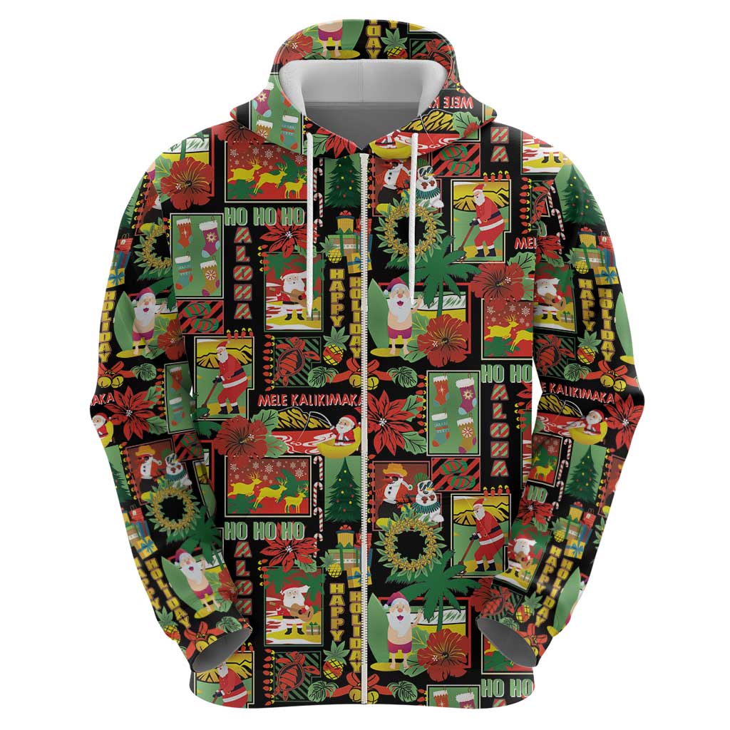 Hawaiian Santa Christmas Pattern Zip Hoodie Black Version - Polynesian Pride