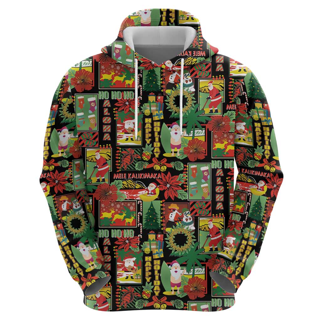Hawaiian Santa Christmas Pattern Zip Hoodie Black Version - Polynesian Pride