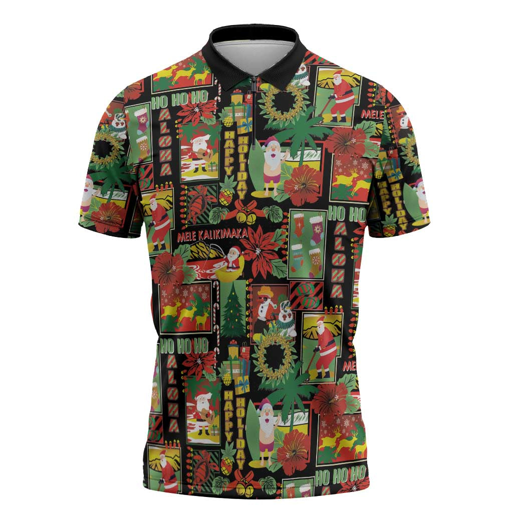 Hawaiian Santa Christmas Pattern Zipper Polo Shirt Black Version - Polynesian Pride