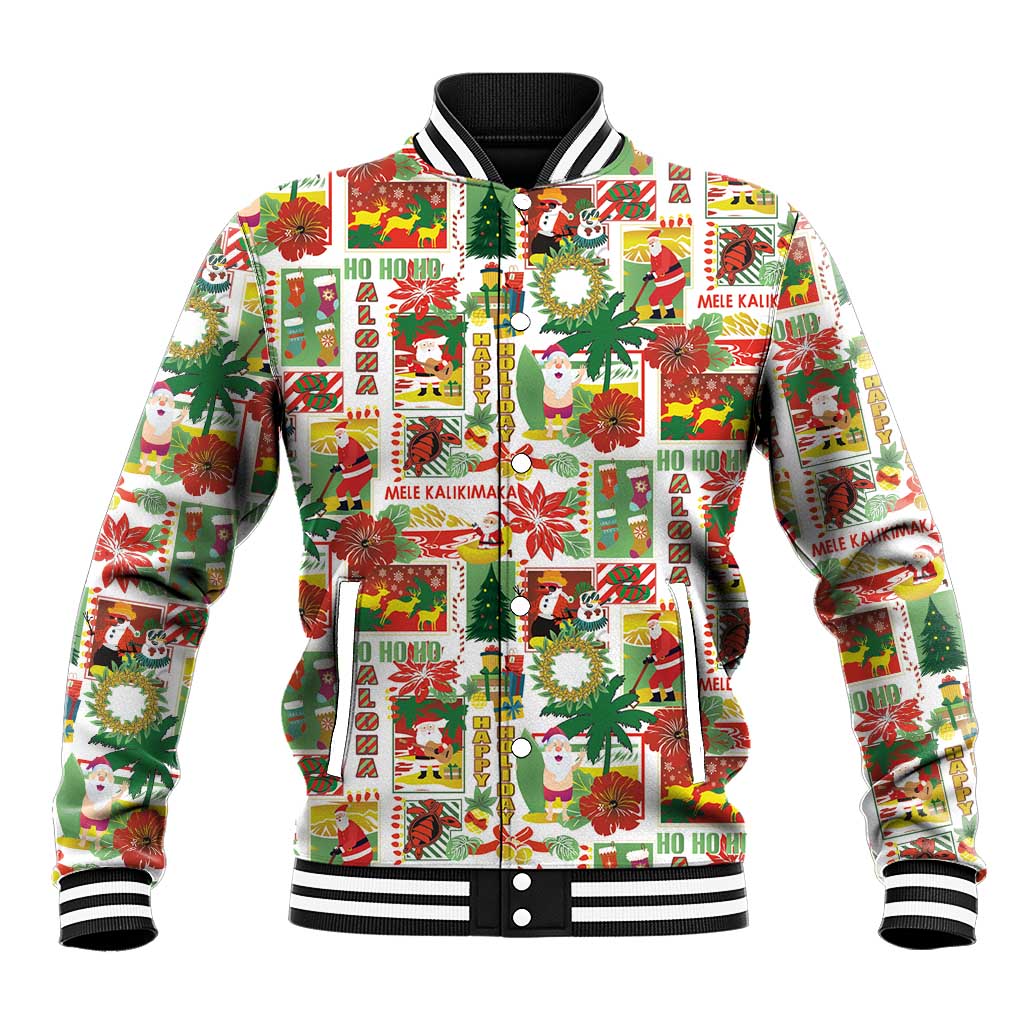 Hawaiian Santa Christmas Pattern Baseball Jacket White Version - Polynesian Pride