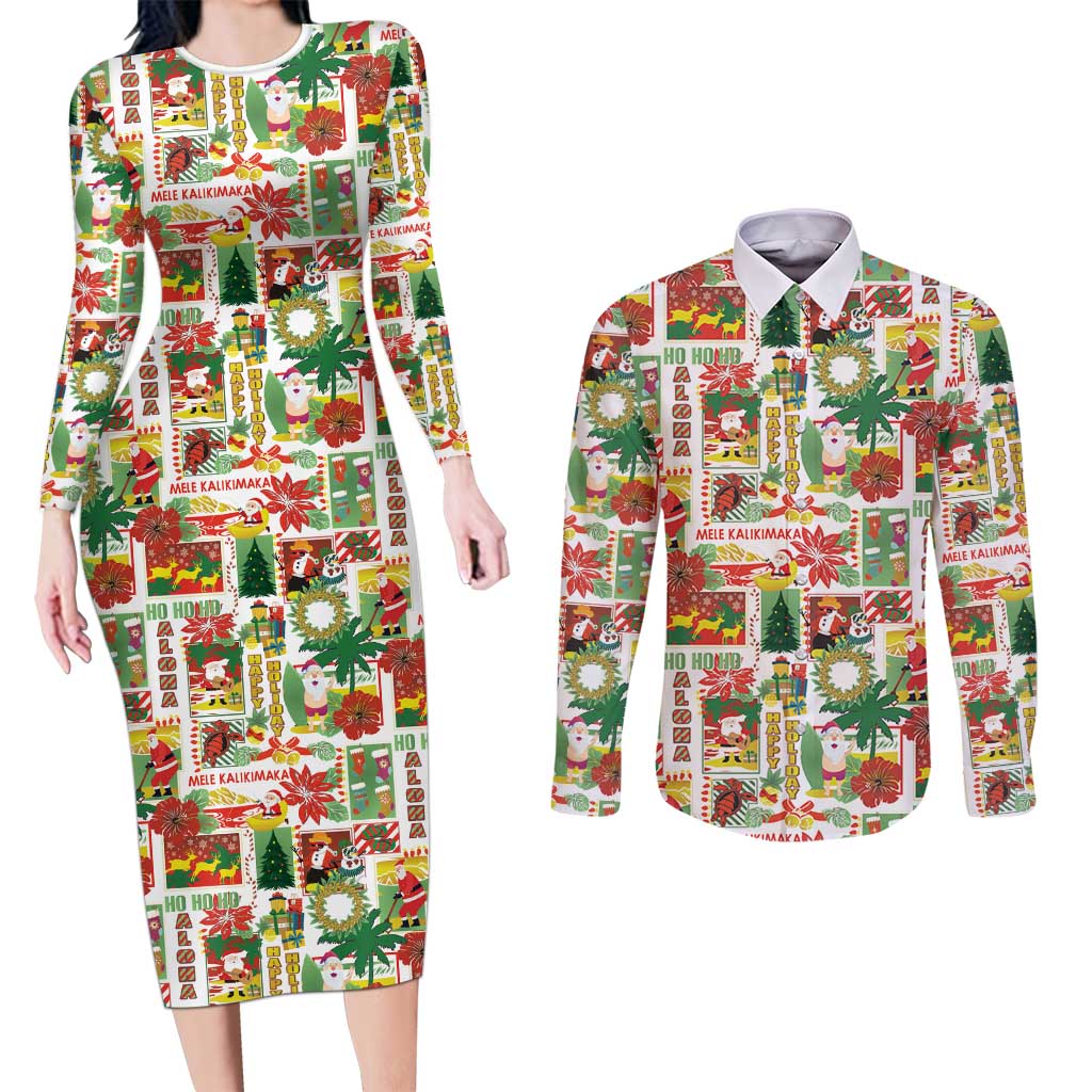 Hawaiian Santa Christmas Pattern Couples Matching Long Sleeve Bodycon Dress and Long Sleeve Button Shirt White Version - Polynesian Pride