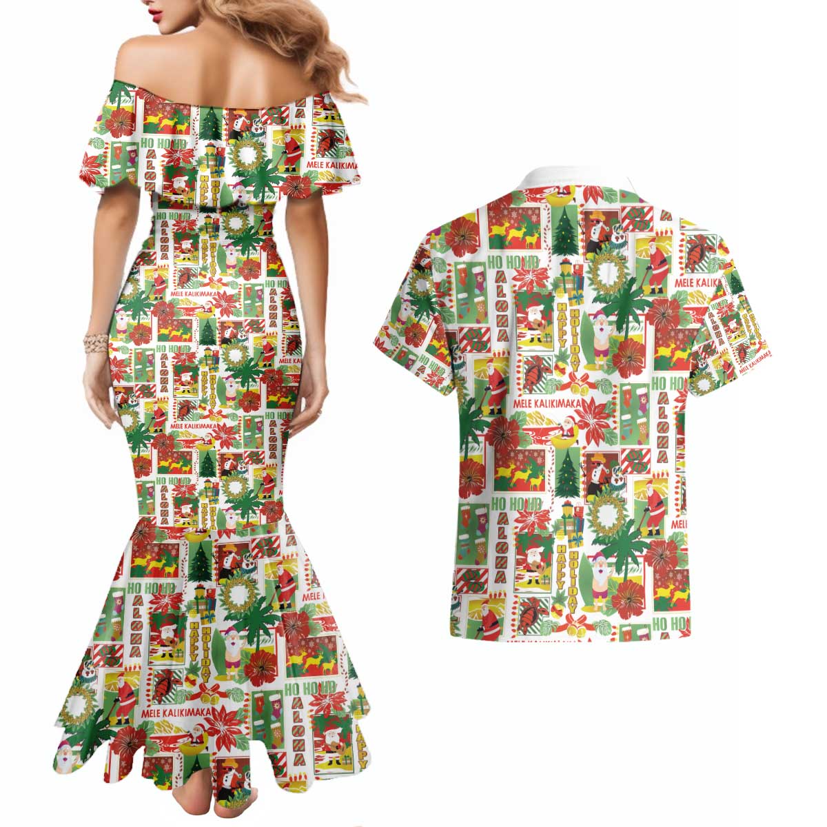 Hawaiian Santa Christmas Pattern Couples Matching Mermaid Dress and Hawaiian Shirt White Version - Polynesian Pride