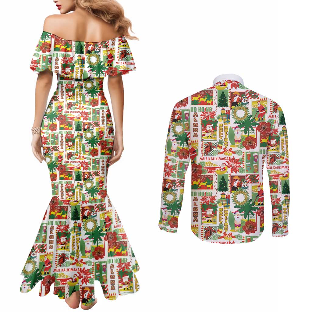 Hawaiian Santa Christmas Pattern Couples Matching Mermaid Dress and Long Sleeve Button Shirt White Version - Polynesian Pride
