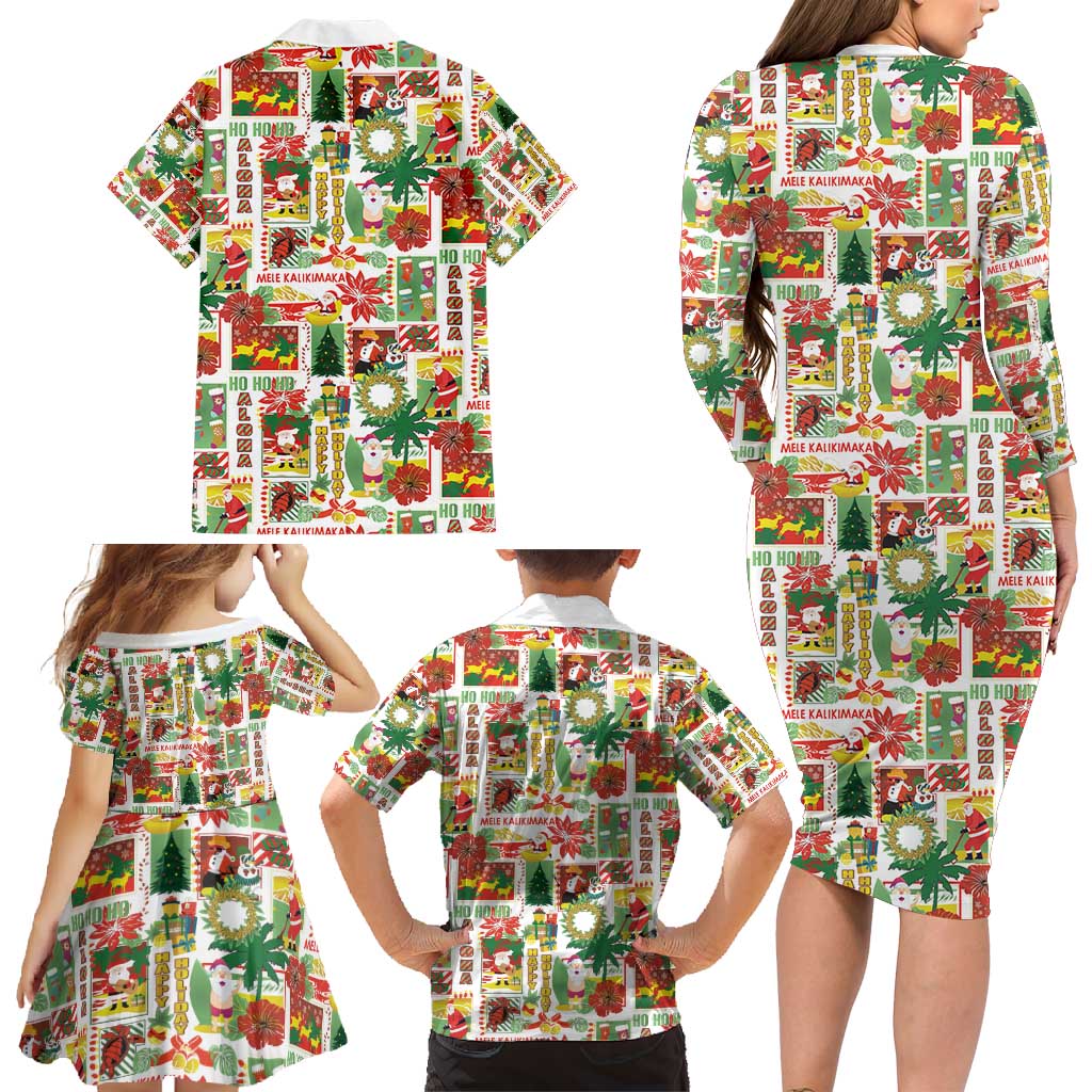 Hawaiian Santa Christmas Pattern Family Matching Long Sleeve Bodycon Dress and Hawaiian Shirt White Version - Polynesian Pride